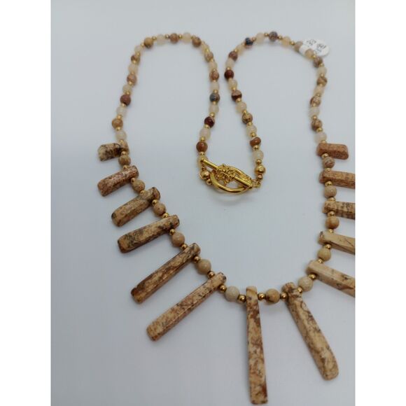 Natural Stone Jasper Quartz Gold Tone Beaded Bib 20" Toggle Clasp Necklace - Picture 3 of 6
